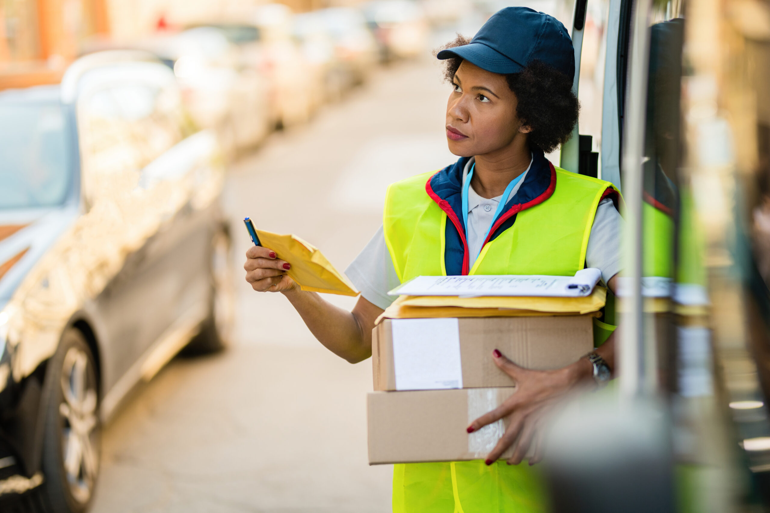 Female African American courier delivering packages in the city.